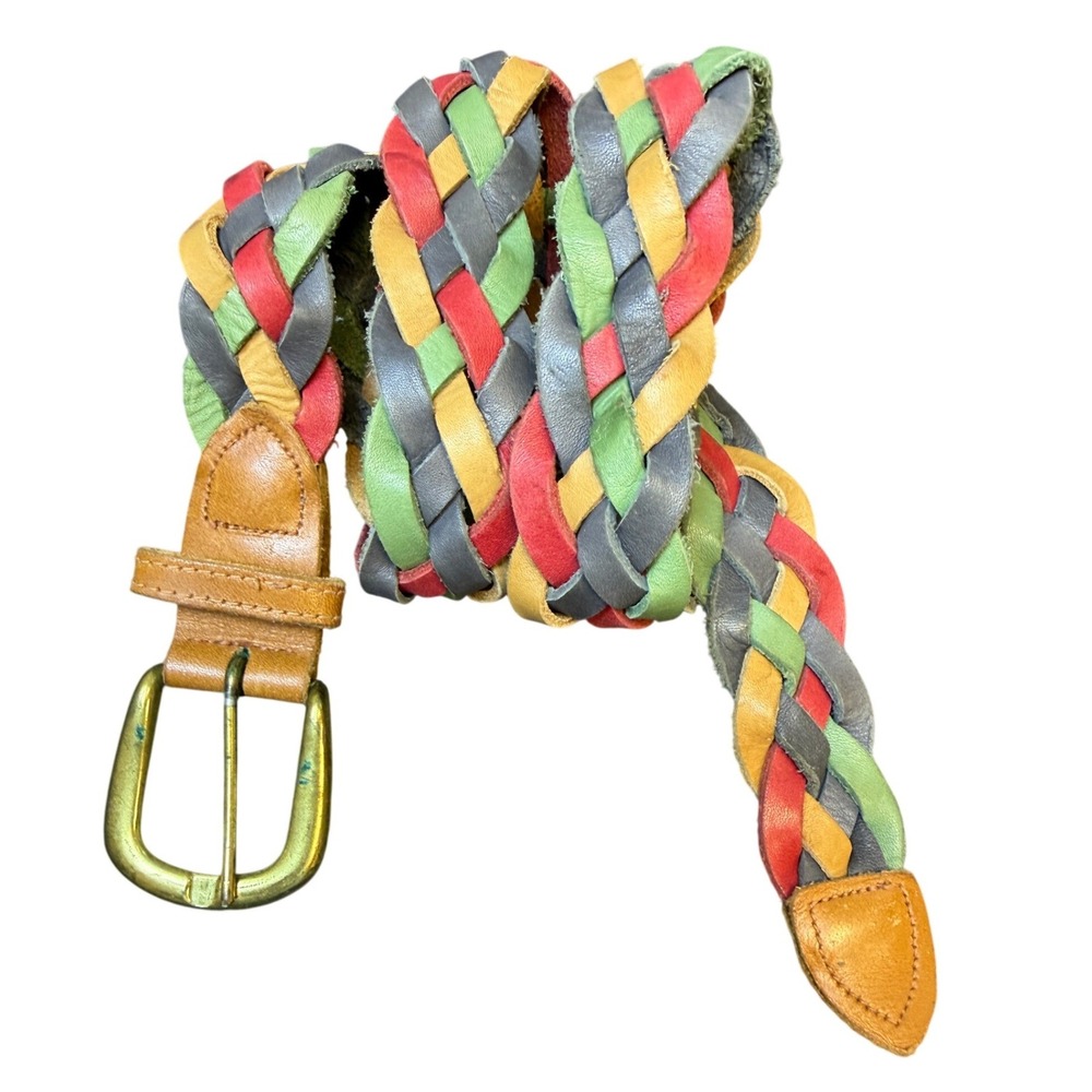 Vintage Braided Leather Belt Womens Small Multicolor Woven Boho Made in USA